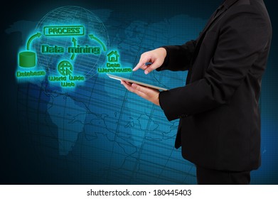 Business Intelligence and Data mining concept - businessman show on virtual screen