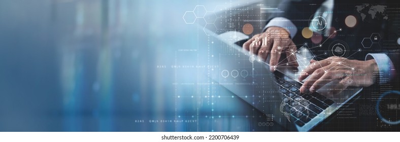 Business Intelligence, Data Science, Global Business, Digital Technology Concept. Businessman Working On Laptop Computer, Planning With Global Network Technology And Big Data, Futuristic Background