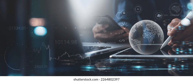 Business Intelligence, data science. Programmer using tablet with global internet network and digital marketing, Investment on global business, plan and strategy, big data, digital technology