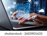 Business intelligence and data-driven management strategy. Data analytics and key performance indicators KPI. Manager using laptop computer to analyze data.