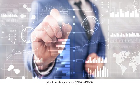 Business Intelligence. Diagram, Graph, Stock Trading, Investment Dashboard, Transparent Blurred Background.