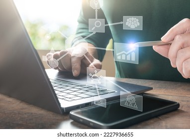 Business Intelligence. hands working with laptop computer with global network connection, data exchange, digital technology, data science and digital marketing, Investment on global business - Shutterstock ID 2227936655