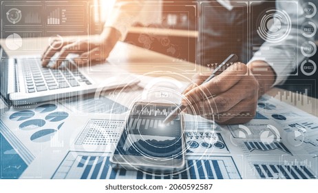 Business Intelligence Technology And Big Data Analytic Mixed Media Showing Concept Of Futuristic Information Report Using Computer Software To Analyze Strategic Investment Advice For Decision Making .