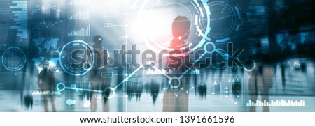 Business interface mixed media double exposure financial chart graph diagram and icon on virtual screen. Innovation concept