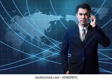 business, internet and technology concept - businessman using smartphone and social or businessnetwork