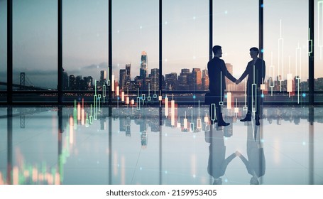 Business Investing And Brokerage Concept With Businessmen Handshaking In Spacious Office Hall With Night City View And Virtual Glowing Raising Forex Market Candlestick