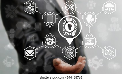 Business Iot Navigation Computer Web Security Identification Access Concept. Location Place Fingerprint Keyhole Lock Icon Computing Verification Authorization Authentication Internet Technology