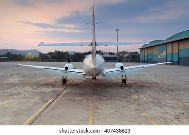 Business Jet Airplane At The Beautiful Sunrise