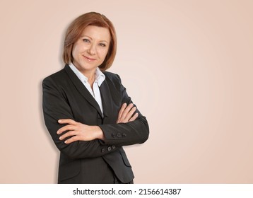 Business Lady Crossed Arms Wear Eyeglasses Buisness Suit On Color Background