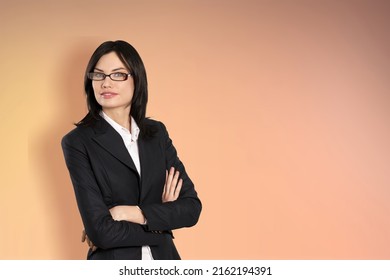 Business Lady Crossed Arms Wear Eyeglasses Buisness Suit On Color Background