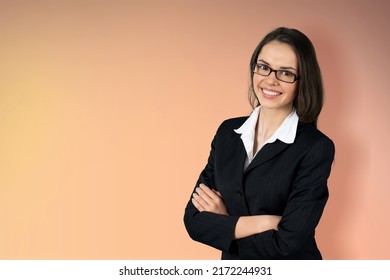 Business Lady Crossed Arms Wear Eyeglasses Buisness Suit On Color Background