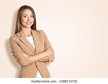 Business Lady Crossed Arms Wear Buisness Suit On Color Background