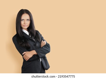 Business Lady Crossed Arms Wear Eyeglasses Buisness Suit On Color Background