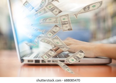 Business A Laptop Online Business Making Money Dollar Bills 