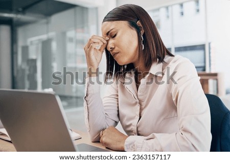 Business, laptop and woman with pain, headache and frustrated with crisis, anxiety and stress. Person, entrepreneur or employee with a pc, migraine and mental health with tension, fatigue and burnout
