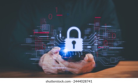 Business leader actively safeguarding personal data on smartphone via virtual screen interfaces to enhance cyber resilience. Cybersecurity and privacy concept to protect data. - Powered by Shutterstock