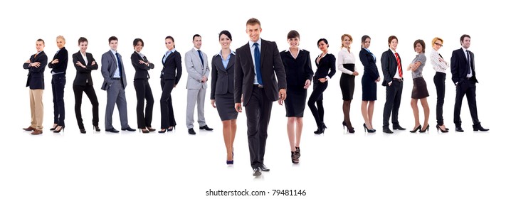 Business Leaders Walking With Their Team Behind Isolated On White