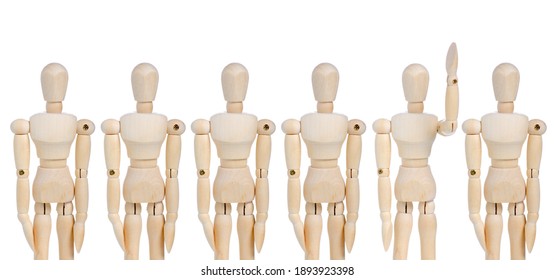 Business Leadership Concept : One in group of wooden figure mannequin rise hand up on white background. - Powered by Shutterstock