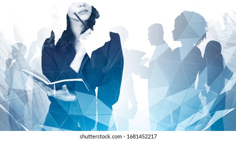 Business Leadership Concept. Unrecognizable Young Businesswoman With Notebook Working In Blurry Abstract City With Double Exposure Of Her Colleagues Silhouettes. Toned Image