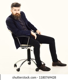 Business, Leadership, Management, Interview Concept. Director With Serious Face. Employer Sits In Luxury Chair And Wear Smart Suit. Mature Man With Beard Isolated On White Background. Boss In Chair.