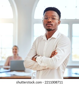 Business, Leadership And Portrait Of Black Man In Office With Serious And Assertive Expression. Manager, Ceo And Businessman Working In City. Startup Idea, Vision And Team Leader In Modern Workplace
