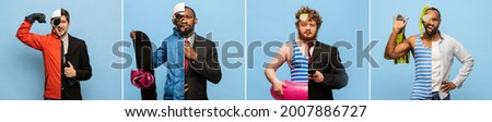 Business and leisure. Collage of cropped images of three young men in business clothes and sportswear, swim suits isolated over light blue studio background.