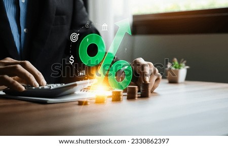 Business lending and investment interest rates, hand hold increase percent icon, debt increase, interest burden, interest rate rise, dividends, financial business strategy, profit from stock, investor