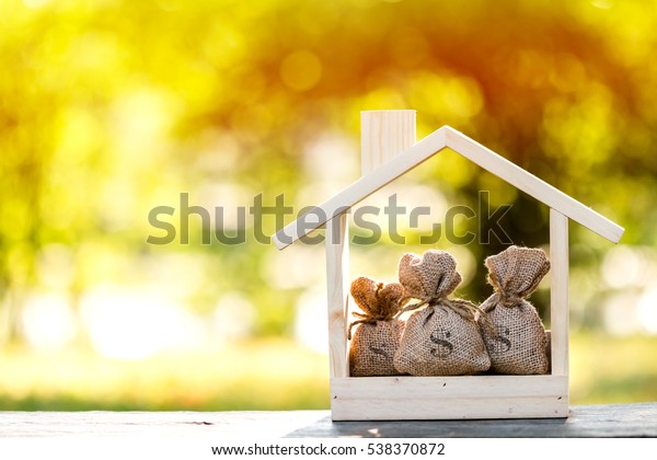Business loans for real estate concept, a money\
bags put in a model home on the table on bokeh background in the\
public park.