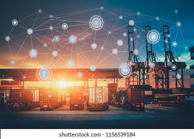 Business Logistics Concept, Global Network Coverage World Map,Truck With Industrial Container Cargo For Logistic Import Export At Yard