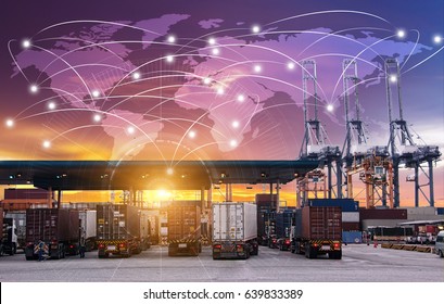 Business Logistics Concept, Global Network Coverage World Map,Truck With Industrial Container Cargo For Logistic Import Export At Yard