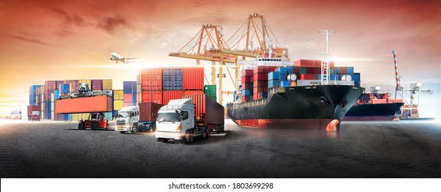 Business logistics and transportation concept of container cargo ship and cargo plane with working crane bridge in shipyard at sunset sky, logistic import export and transport industry background