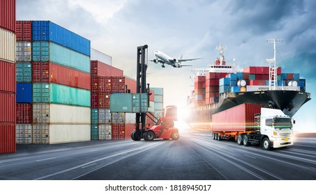 Business logistics and transportation concept of containers cargo freight ship and cargo plane in shipyard at dramatic blue sky, logistic import export and transport industry background - Shutterstock ID 1818945017