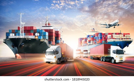 Business logistics and transportation concept of containers cargo freight ship and cargo plane in shipyard at sunset sky, logistic import export and transport industry background