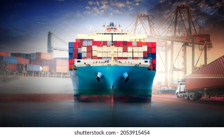 Business logistics and transportation concept of containers cargo freight ship and cargo plane in shipyard at sunset sky, logistic import export and transport industry background