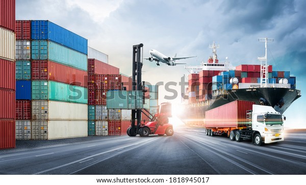 Business\
logistics and transportation concept of containers cargo freight\
ship and cargo plane in shipyard at dramatic blue sky, logistic\
import export and transport industry\
background