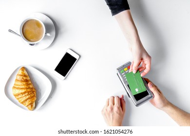 Business Lunch With Coffee Card Payment On White Background Top View