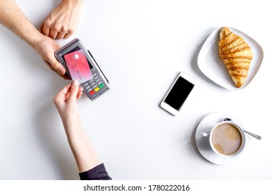 Business Lunch With Coffee Card Payment On White Background Top View