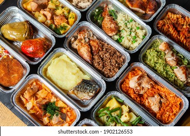 Business Lunch In Eco Plastic Container Ready For Delivery.Top View. Office Lunch Boxes With Food Ready To Go. Food Takes Away. Catering, Brakfast. 