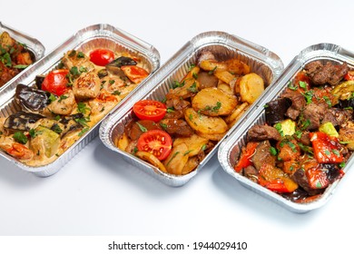 Business Lunch In Eco Plastic Container Ready For Delivery.Top View. Office Lunch Boxes With Food Ready To Go. Food Takes Away. Catering, Brakfast.