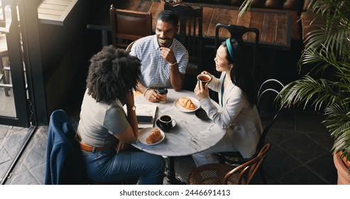 Business lunch meeting, discussion and people at a cafe planning, conversation or sharing project ideas. Work friends, restaurant and management team with brunch, meal or top view of afternoon break - Powered by Shutterstock