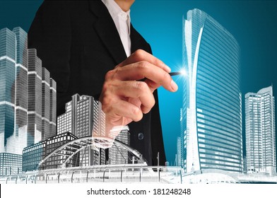 Business Man Or Achitect Draw The Drawing Of Building Or Cityscape