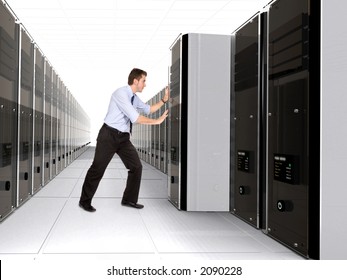 Business man adding server to network in a server room - 3d rendered servers high detail