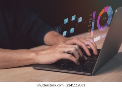 Business man Analytics and Data Management System on computer, make a report with KPI and metrics connected to database. Corporate strategy for finance, operations, sales, marketing.