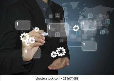 business man analyze graph on hand and connection of business with new modern.