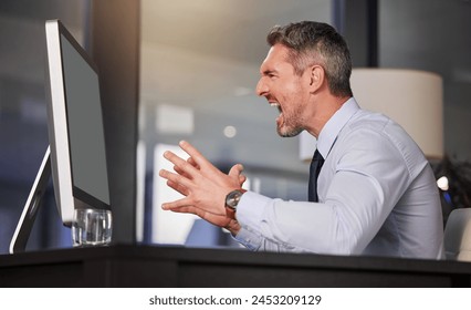 Business, man and angry with computer in office, burnout and stress for internet problem or network mistake. Employee, working and frustrated with company crisis, mad and scream for 404 error on tech - Powered by Shutterstock