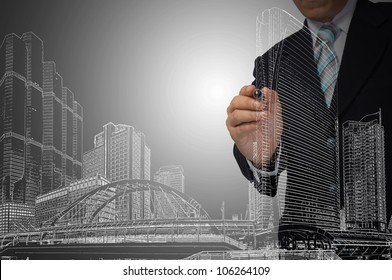 Business Man Or Architect Draw Cityscape