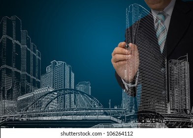 Business Man Or Architect Draw Cityscape