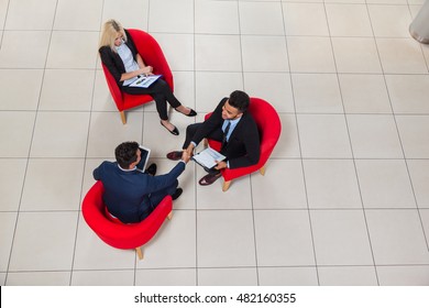 Business Man Boss Hand Shake, Businesspeople Sit In Chair Top Angle View, Businessman Handshake Sign Up Contract Agreement Deal