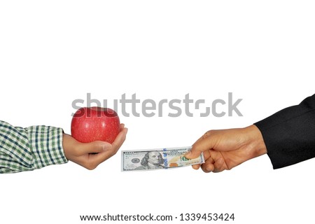 Business man buying apple from agriculturist, isolated white background.