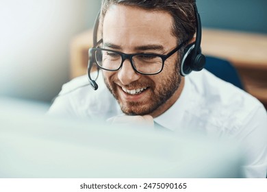 Business, man and call center with headset or smiling, help desk and friendly customer service for online advice. Tech support, telesales and office pc for communication, agent and consultation - Powered by Shutterstock